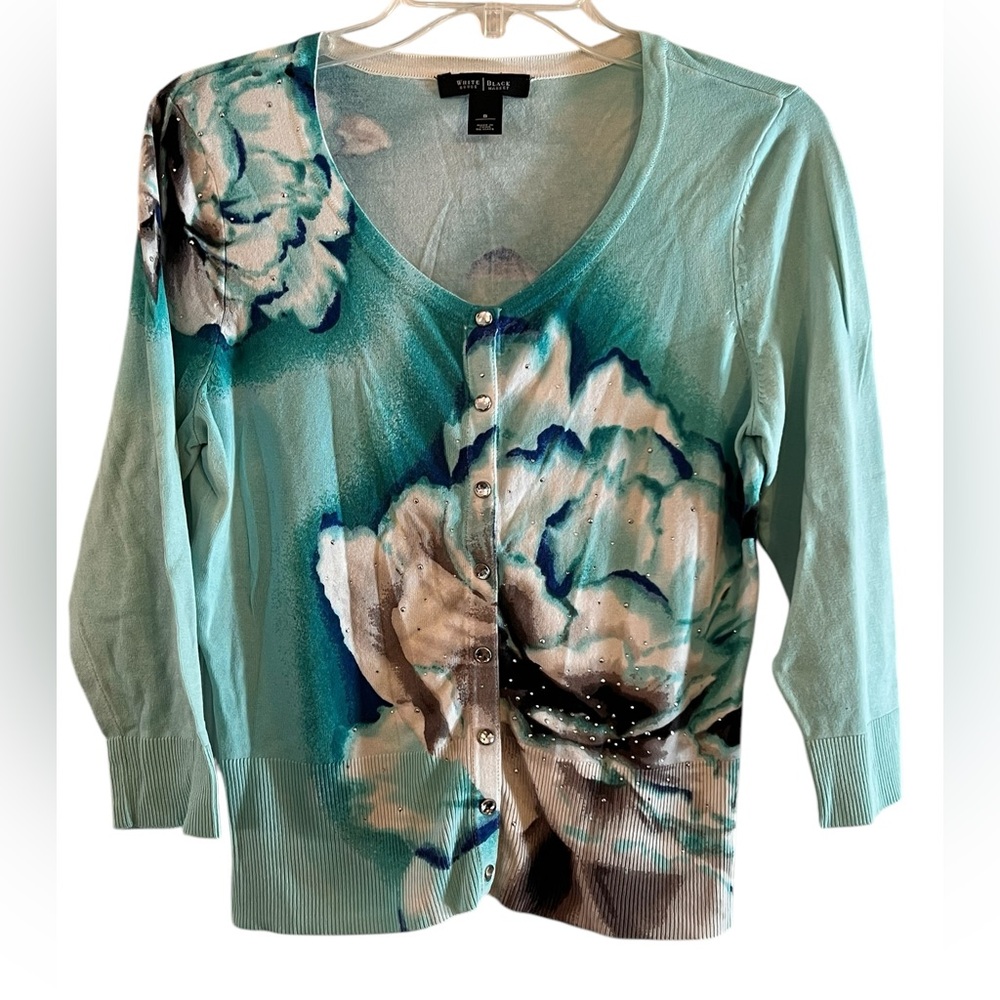 White House Black Market Turquoise Sparkle Vintage snap up Cardigan  Woman S